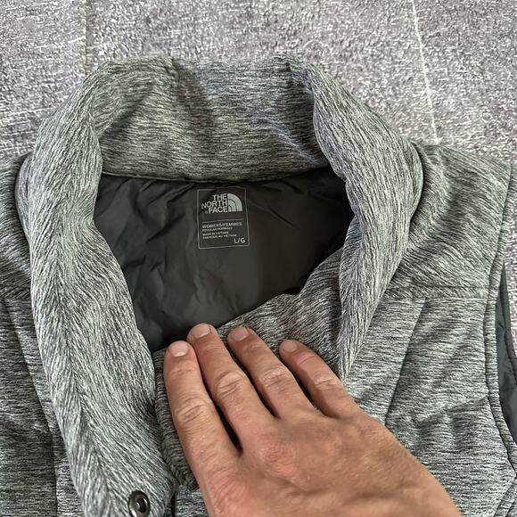 Women's The North Face Heather Gray Black Pseudio Zip Up Puffer Vest Jacket Sz L - Picture 3 of 4